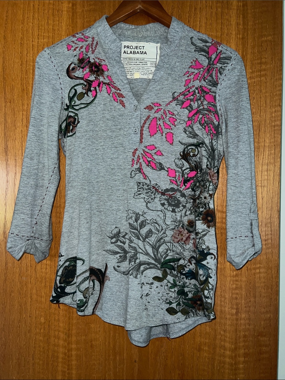 Project Alabama Hand-Sewn Reverse appliqué Floral Henley with Pink Accents